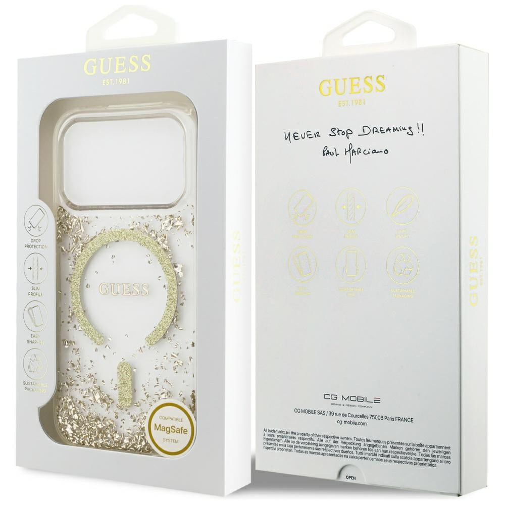 GUESS MagSafe Handyhülle iPhone 17 Pro Max – Gold Glitter Design